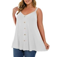 LARACE, the brand built-in 2015. From style design, a material choice to workmanship, we pay high attention to every detail, devote ourselves to providing comfortable casual clothes for women, especially for plus size women. LARACE Plus Size Tops for Women - V neck plus size sleeveless tops for women, designed with old-style scratched buttons. Plus size spaghetti strap tank tops with flowy hem add loveliness. All form the easy-matching flowy tank tops for women plus size tunic. Sleeveless Women' Sleeveless Blouses, Shirts Plus Size, V Neck T Shirts, Fitted Tunic, Spaghetti Strap Tank Top, Women's Nightgowns, Summer White, Plus Size Tank Tops, Womens Tops Summer