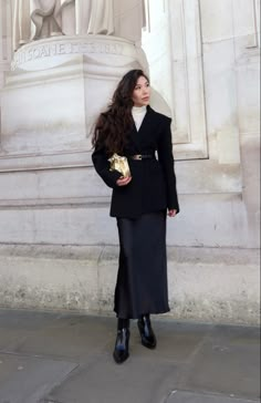 Black Work Outfit Winter, Black Satin Skirt And Blazer Outfit, Leather Jacket Dinner Outfit, Germany Fashion Outfits, Midi Black Skirt Outfit Fall, Classy Outfit Hijab, British Autumn Outfit, Long Skirt Blazer Outfit, Formal Woman Outfit