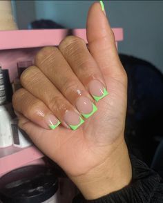 Lime Green And Pink French Tip Nails, French Tip Nails Short Color, Short Green French Tip Acrylic Nails, Green French Tips With Design, Short Green Square Acrylic Nails, Green Overlay Nails, Like Green French Tip, Green And Black French Tip Nails, Short Nail Inspo Green