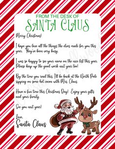 From the desk of Santa Claus free printable Christmas morning Santa letter with candy cane stripe border and Santa and rudolph graphic Christmas Day Letter From Santa, Santa Thank You Letter For Cookies, Note From Santa Christmas Morning, Letter From Santa On Christmas Morning, Secret Santa Messages Note, Santa Handwriting, Christmas Eve Letter From Santa, Nannying Activities, Secret Santa Messages