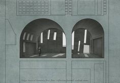 an architectural drawing of a person standing in a room with arches and windows on the wall