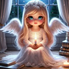 a little angel sitting in front of a window holding a lit candle with her hands