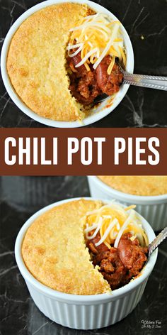 two bowls filled with chili pot pies on top of a black table next to each other