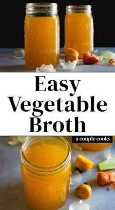 two mason jars filled with oranges and vegetables next to the words easy vegetable broth