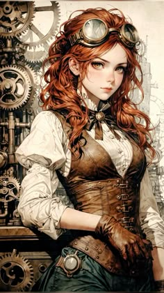 a woman with long red hair and steampunks is standing in front of a clock