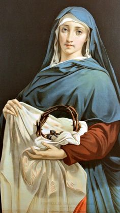 a painting of the virgin mary holding a cloth