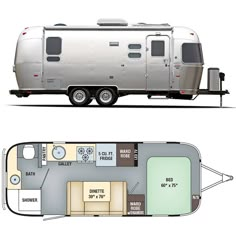 the floor plan for an rv is shown in two different views, one with a kitchen and