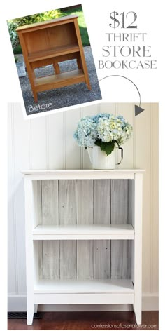 a white bookcase with flowers on top and the words $ 10 thrift store bookcase