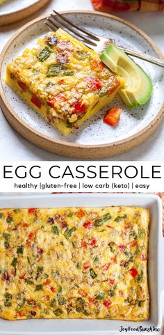 the egg casserole is ready to be eaten on the plate and served with avocado