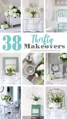 the cover of thirty makeovers magazine with images of white furniture and flowers in vases