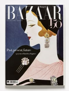 a magazine cover with a woman's face on the front and an advertisement for bazzar 50