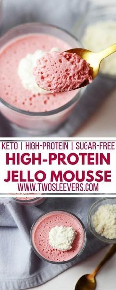 a spoon with some food in it and the words high protein jello mousse