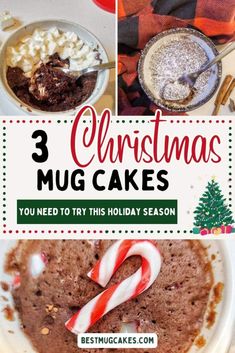 three christmas mug cakes with candy canes and marshmallows