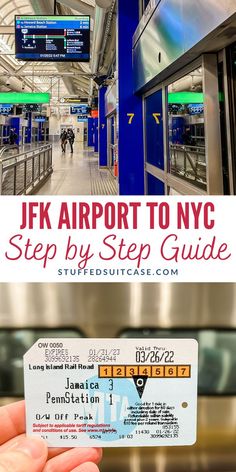 The top image shows the train from JFK airport to NYC Manhattan, the bottom image shows a train ticket. Cheap Nyc Trip, New York Tips And Tricks, Visiting Nyc First Time, New York Tips, Traveling To New York City, New York Itenery, Jfk Airport New York, Dc To Nyc Train