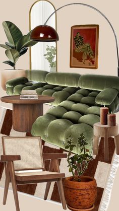 a living room filled with furniture and a green couch next to a potted plant