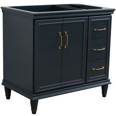 a black cabinet with gold handles and drawers on the bottom, against a white background