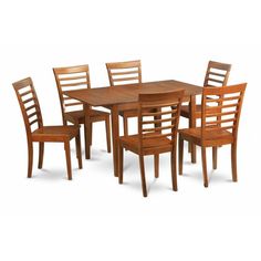 a wooden dining table with six chairs and one chair in front of it, on a white background