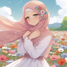 a woman with pink hair wearing a hijab in a field of flowers