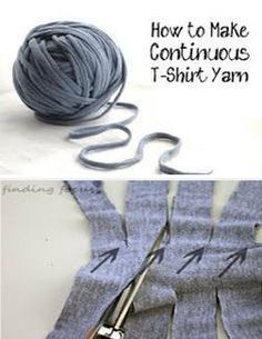 two pictures with yarn and scissors on the same page, one shows how to make continuous t - shirt yarn