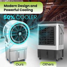 an air cooler with the words modern design and powerful cooling 50 % cooler