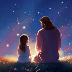 a woman and child sitting in the grass watching the stars