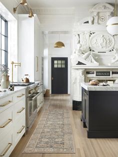 a black and white cat sitting in the middle of a kitchen next to a rug