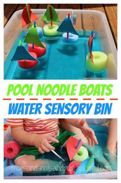 a collage of photos showing how to use pool noodle boats for water sensory bins