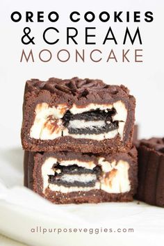 two oreo cookies and cream mooncakes stacked on top of each other with the title overlay