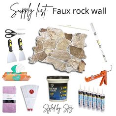 the contents of a rock wall are shown in this collage, including tools and materials