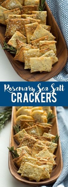 rosemary sea salt crackers on a wooden platter with text overlay that reads rosemary sea salt crackers