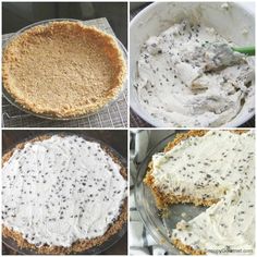 four pictures showing the steps to make an oreo crust pie with cream cheese on top