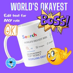 a coffee mug with the words boss on it and an image of a yellow fish