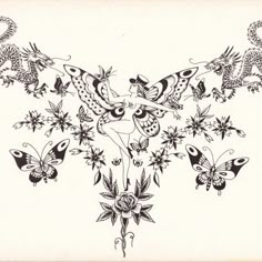 a drawing of butterflies and flowers on a white paper with black ink in the middle