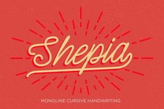 the word sheasia written in gold on a red background