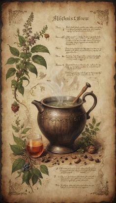 an old fashioned tea pot and cup filled with liquid on top of a table next to leaves