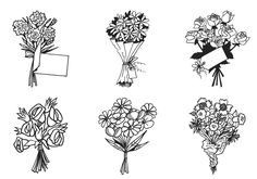 six different types of flowers are shown in black and white, each with a name tag