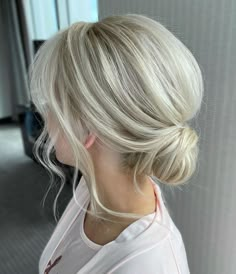 Thin Blonde Bouffant Chignon Bridesmaid Fine Hair Updo, Bride Hair Fine Hair, Wedding Hair For Boat Neckline, Updo Hairstyles Fine Hair, Short Blonde Hair Updo, Wedding Updo For Thinner Hair, French Twist Updo Front View, Updo For Fine Hair Wedding, Fine Hair Updo Wedding