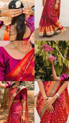 the woman is wearing an orange and pink sari with flowers in her hair, while she