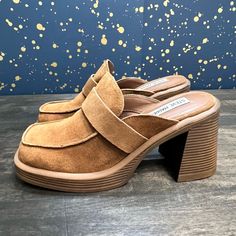 New With Out Box. Steve Madden Fraim Heeled Loafer Mule Size 7.5m Cognac Retro 90's Heel Square Moc Toe. Stacked Heel. 90s Shoes Clogs & Mules, Mules Steve Madden, Steve Madden Clogs & Mules, Steve Madden Mules, Platform Shoes Sandals, Brown Block Heels, Black Mule, Block Heel Mule, Block Heel Mules