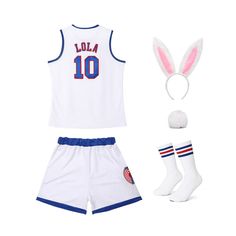 a white basketball uniform with bunny ears on the head, and two pairs of socks