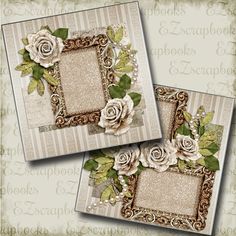 two pictures with roses and leaves on them, one has a photo frame in the middle