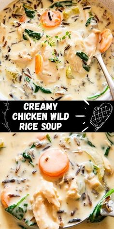 creamy chicken wild rice soup with carrots and spinach