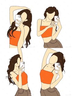 a woman taking a selfie with her cell phone while wearing an orange tank top