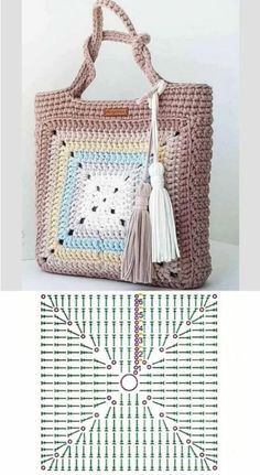 a crocheted bag with a tassell on the front and back side