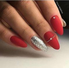 Red Cruise Nails, Red And Silver Almond Nails, Silver And Red Christmas Nails, Red Nails And Silver, Red Nails Ideas Almond, Christmas Nails Red And Silver, Red Nails With Accent, Red Nails Acrylic Almond, Red Nails With Silver