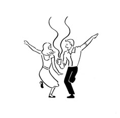 a man and woman dancing together with their arms spread out in the air, while holding hands