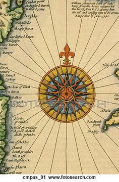 an old map with compass on it in the middle of the ocean and land around it