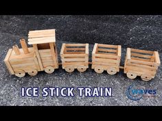 small wooden toy trucks are lined up in a row with the words ice stick train