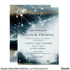 an elegant wedding card with sparkles and stars on the front, in black and white