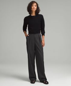 Looking sharp. These high-rise trousers have front pleats and tailored details for a classic look that means business. Designed for Casual. 32.5" inseam, intended to skim the floor for heights of 5'5"-5'8":Relaxed fit is roomy through glutes and thighs. Hand pockets with hidden card sleeve. Back welt pockets are stitched closed-snip the stitches to make the pockets functional. Fly front. Sweat-Wicking, Modal-Blend Fabric. Short Coat Jackets, Card Sleeve, Dress Bra, Stylish Hats, Office Casual, Business Casual Outfits, Women's Trousers, Hoodie Top, Welt Pockets